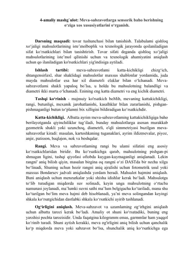 Meva-sabzavotlarga sensorik baho berish