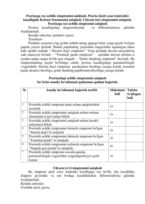 Psoriazga xos uchlik simptomini aniqlash