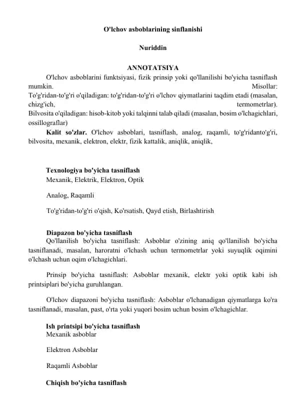 O'lchov asboblarining sinflanishi