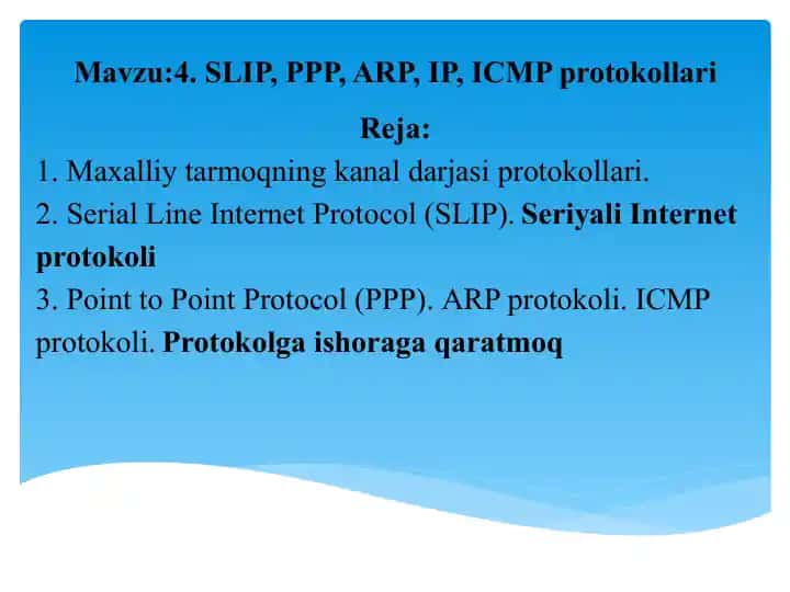 SLIP, PPP, ARP, IP, ICMP protokollari