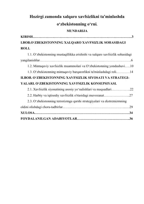 O‘zbekistonning xalqaro xavfsizlikni ta'minlashdagi roli