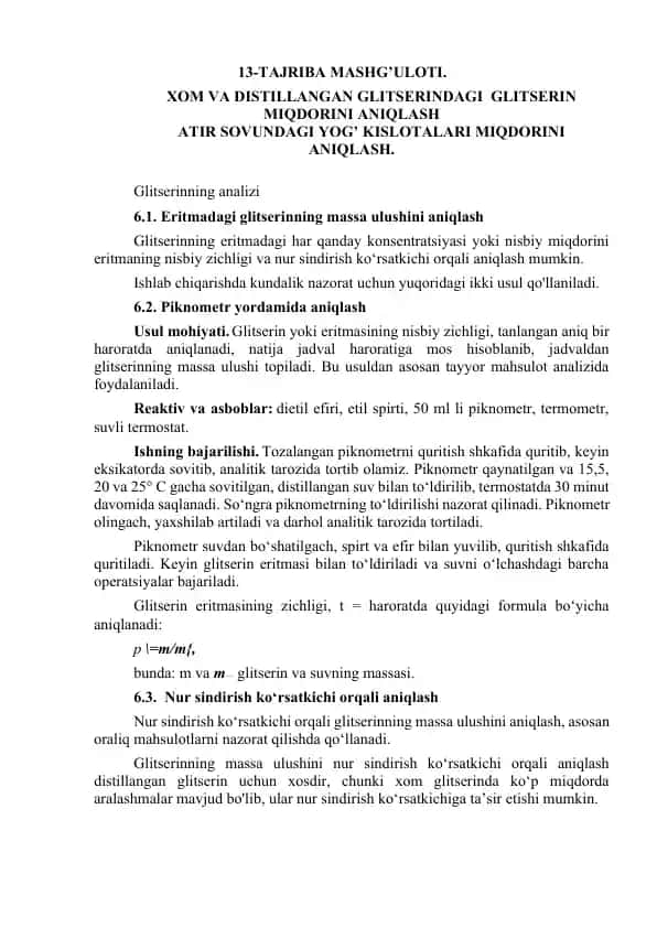 Glitserin Miqdorini Aniqlash Mashg'uloti
