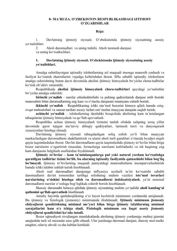 MA’RUZA. O’ZBEKISTON RESPUBLIKASIDAGI IJTIMOIY O’ZGARISHLAR