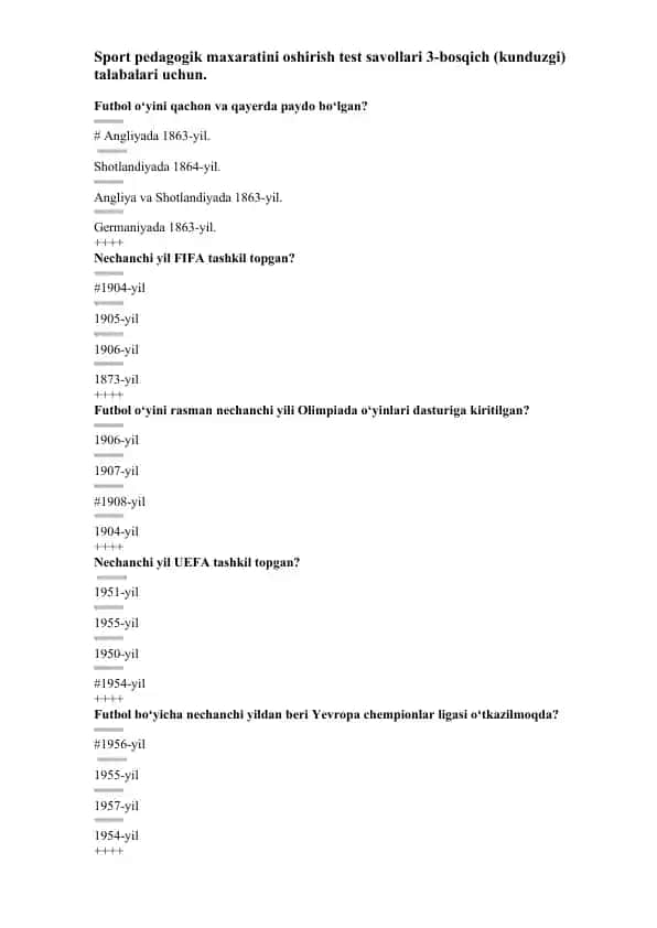 Sport pedagogik maxaratini oshirish test savollari 3-bosqich (kunduzgi) talabalari uchun