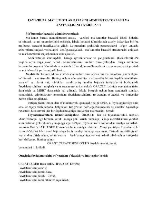 Ma'lumotlar bazasini administratorlash va xavfsizligini ta'minlash