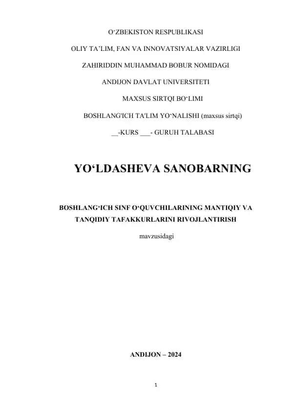 Boshlang'ich sinf o'quvchilarining mantiqiy va tanqidiy tafakkurlarini rivojlandirish mavzusidagi reja