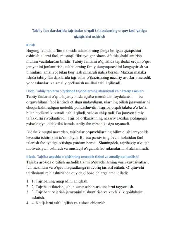 Tabiiy fan darslarida tajribalar orqali o‘qitish metodikasi