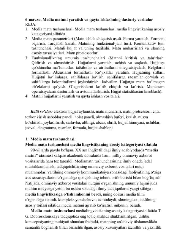 Media matnni yaratish va qayta ishlashning dasturiy vositalar
