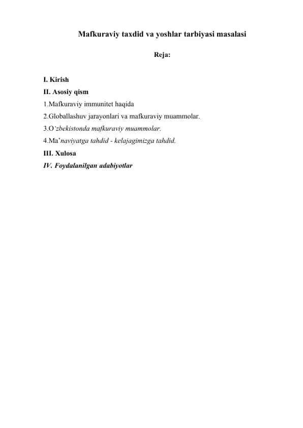 Mafkuraviy taxdid va yoshlar tarbiyasi masalasi