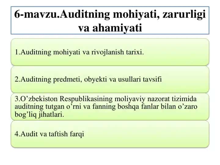 Auditning mohiyati, zarurligi va ahamiyati