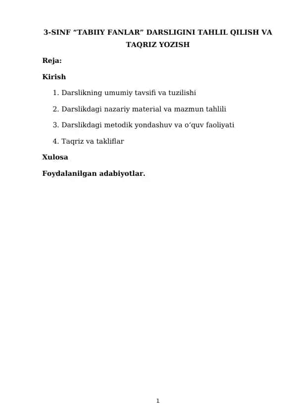 3-SINF “TABIIY FANLAR” DARSLIGINI TAHLIL QILISH VA TAQRIZ YOZISH