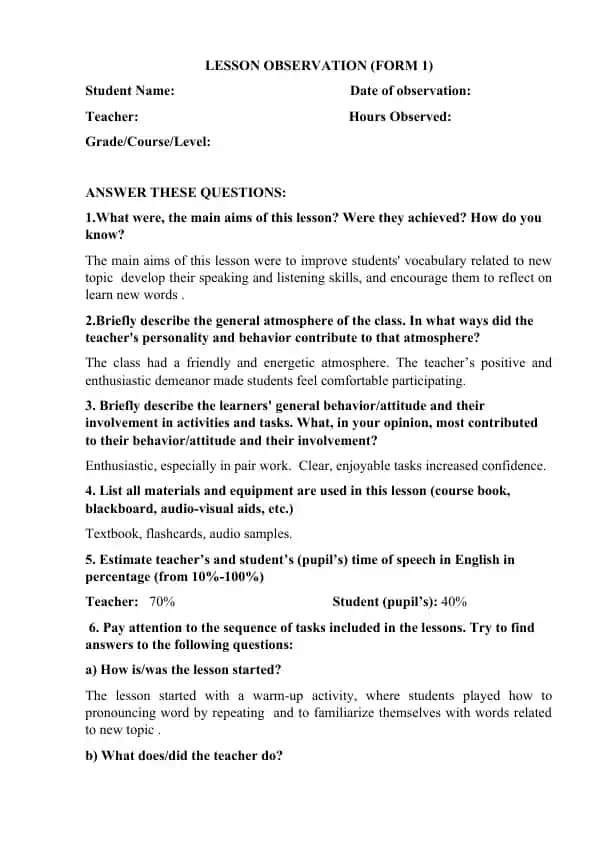 Lesson Observation (Form 1)