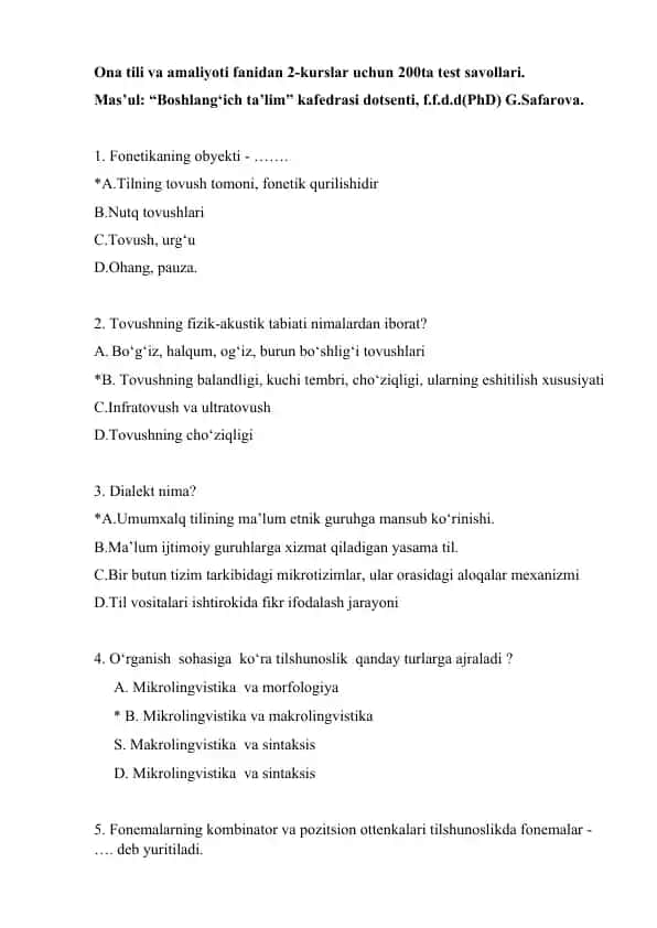 Ona tili va amaliyoti fanidan 2-kurslar uchun 200ta test savollari