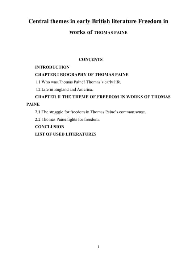 Central themes in early British literature: Freedom in works of THOMAS PAINE