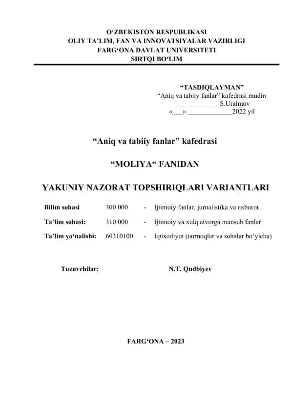 YAKUNIY NAZORAT TOPSHIRIQLARI VARIANTLARI