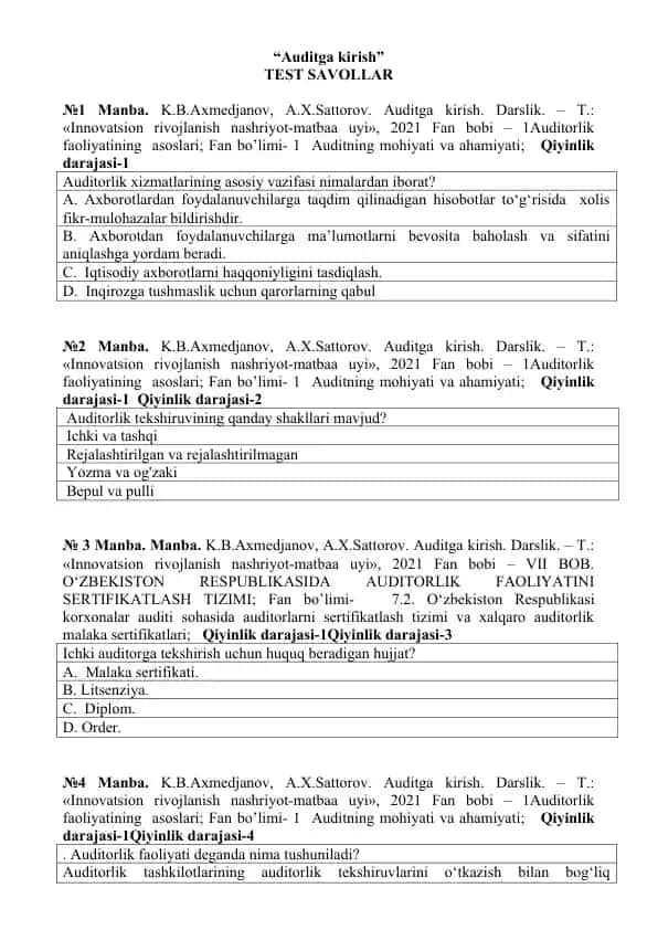 Auditga kirish yakuniy test savollari