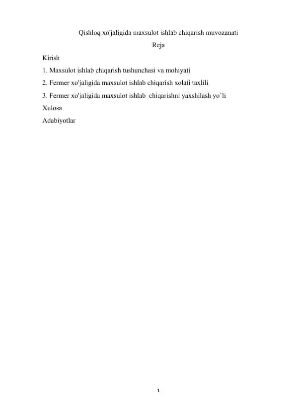 Qishloq xo'jaligida mahsulot ishlab chiqarish muvozanati