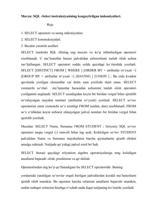 SQL - Select instruksiyasining kengaytirilgan imkoniyatlari