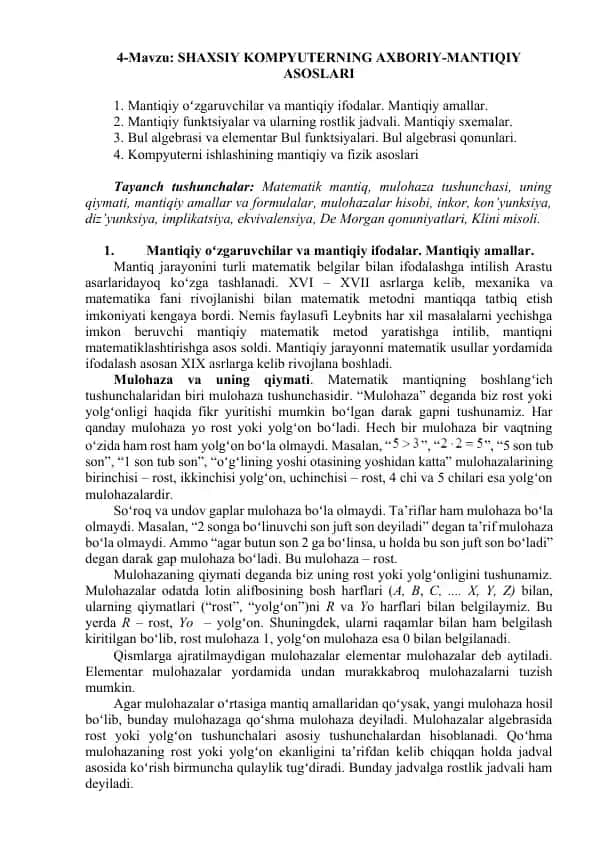SHAXSIY KOMPYUTERNING AXBORIY-MANTIQIY ASOSLARI