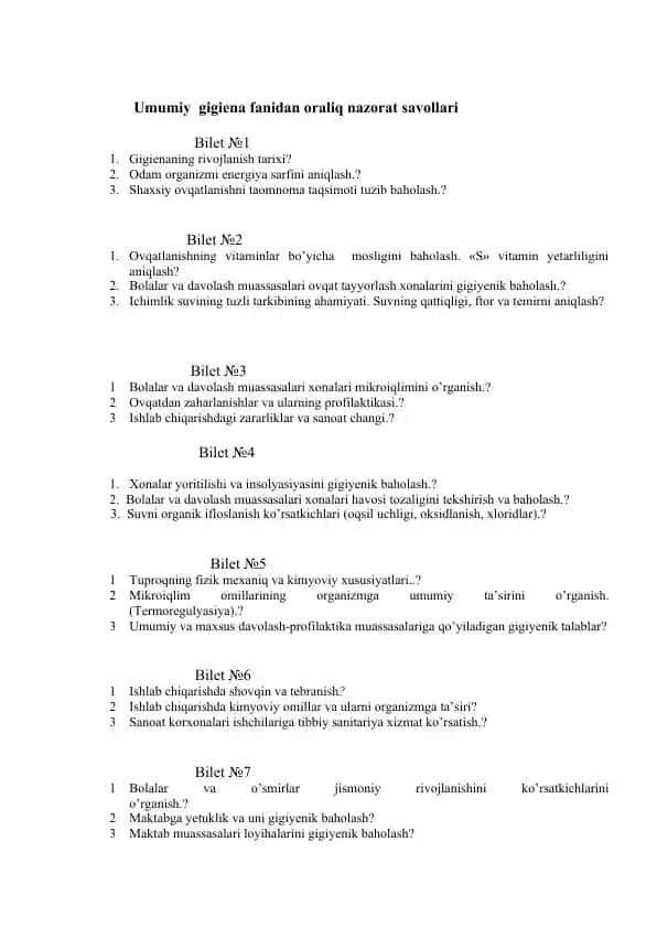 Umumiy gigiena fanidan oraliq nazorat savollari