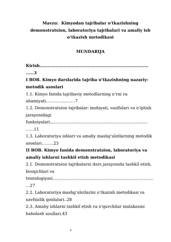 Kimyodan tajribalar o‘tkazishning demonstratsion, laboratoriya tajribalari va amaliy ish o‘tkazish metodikasi