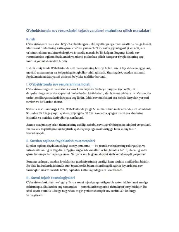 O‘zbekistonda suv resurslarini tejash va ularni muhofaza qilish masalalari