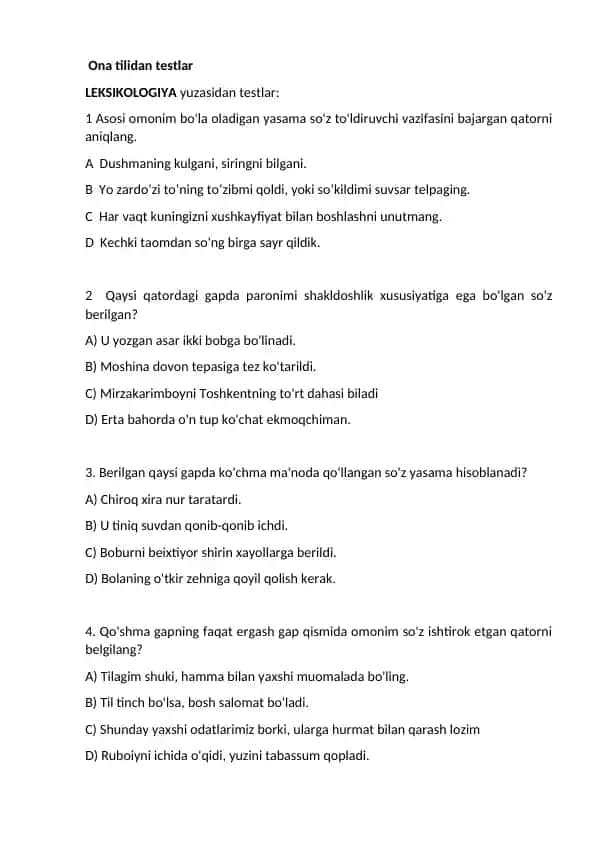 Ona tilidan testlar