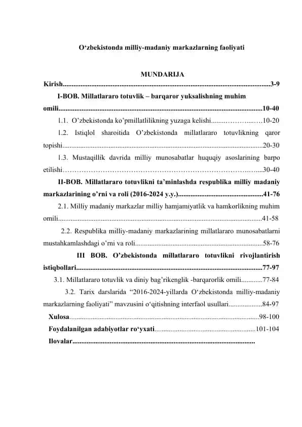 O‘zbekistonda milliy-madaniy markazlarning faoliyati (2016-2024 yillar)