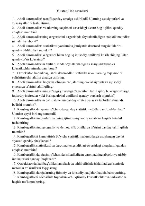 Aholi Daromadlari Tahlili