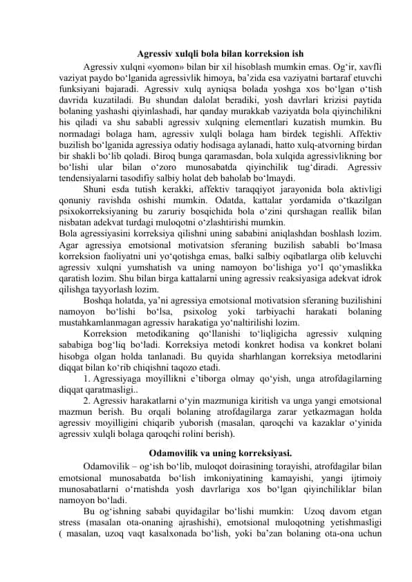 Agressiv xulqli bola bilan korreksion ish