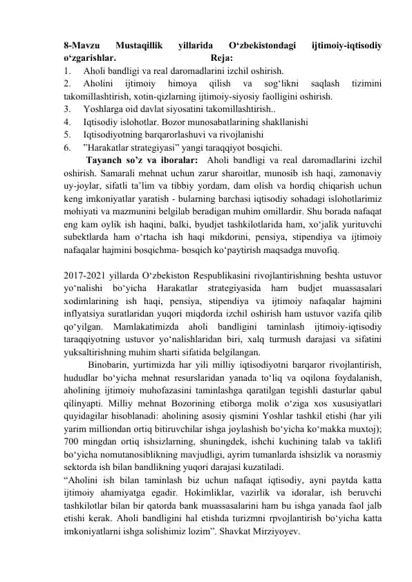Mustaqillik yillarida O‘zbekistondagi ijtimoiy-iqtisodiy o‘zgarishlar