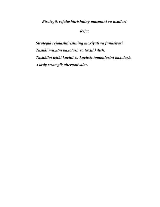 Strategik rejalashtirishning mazmuni va usullari