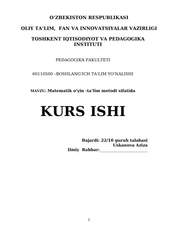 Matematik oʻyin -taʼlim metodi sifatida