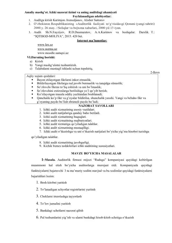 Ichki nazorat tizimi va uning auditdagi ahamiyati