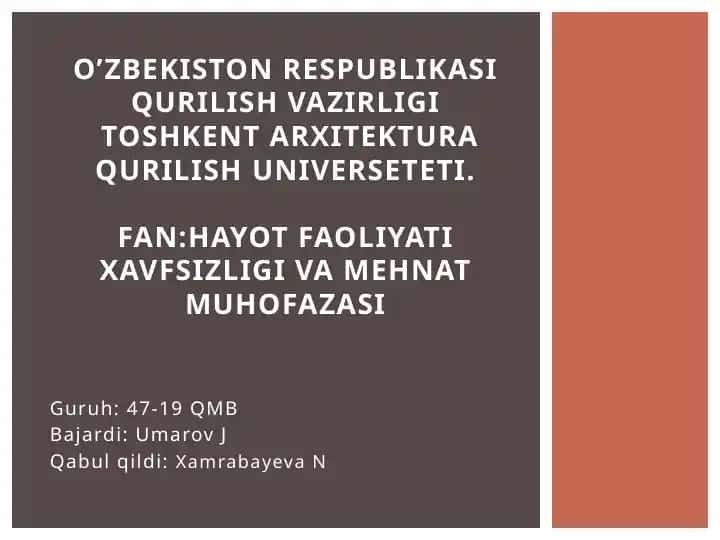 Qurilish obyektlarini sanitariya va mehnat gigiyenasi masalalari