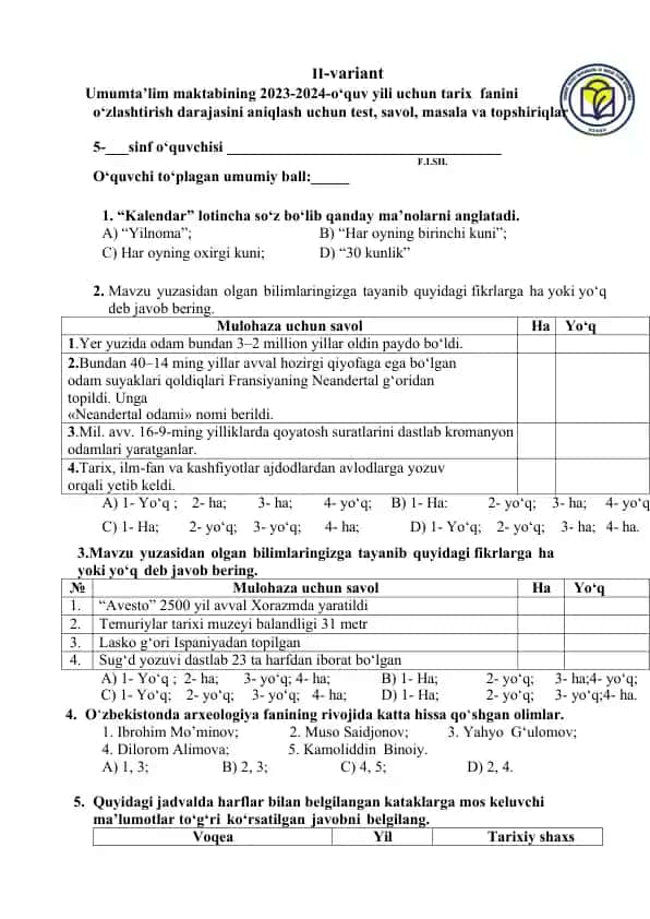 Tarix fanini o‘zlashtirish test savollari