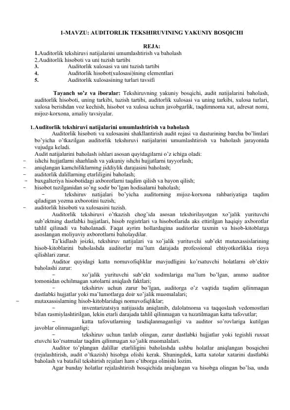 Auditorlik tekshiruvi natijalarini baholash