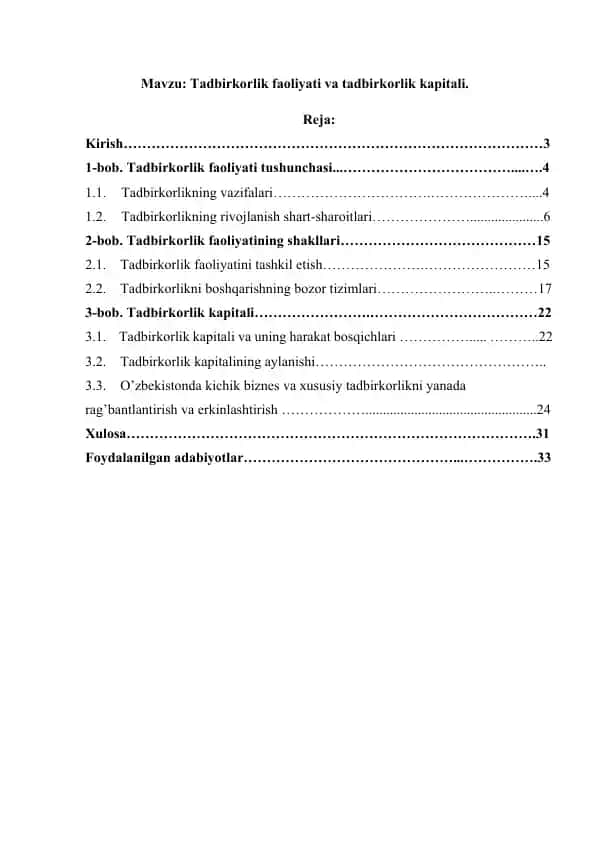 Tadbirkorlik faoliyati va tadbirkorlik kapitali