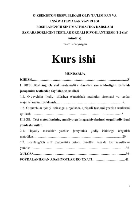 Boshlang‘ich Sinf Matematika Darslari Samaradorligini Testlar Orqali Rivojlantirish