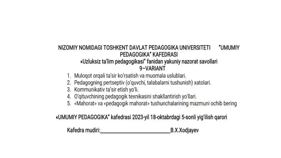 "Uzluksiz ta'lim pedagogikasi" fanidan yakuniy nazorat savollari