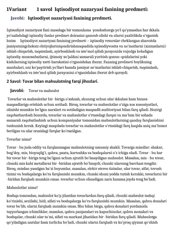 Iqtisodiyot nazariyasi fanining predmeti