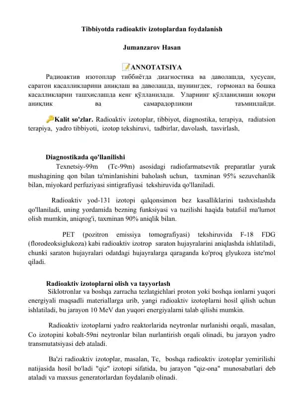 Tibbiyotda radioaktiv izotoplardan foydalanish
