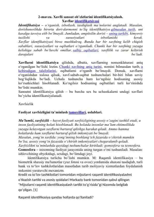 Xavfli sanoat ob’ektlarini identifikatsiyalash