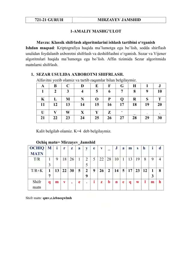 Klassik shifrlash algoritmlarini ishlash tartibi