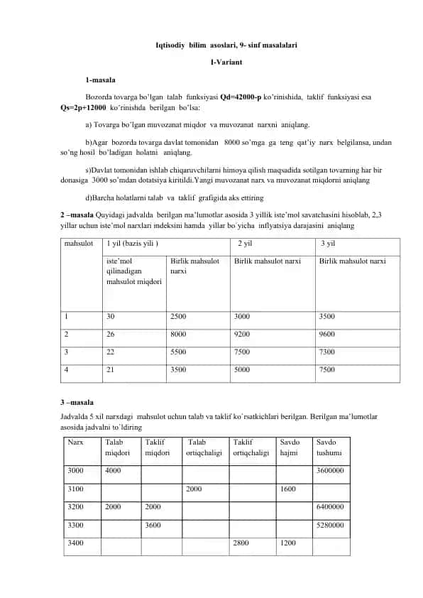 Iqtisodiy bilim asoslari, 9-sinf masalalari