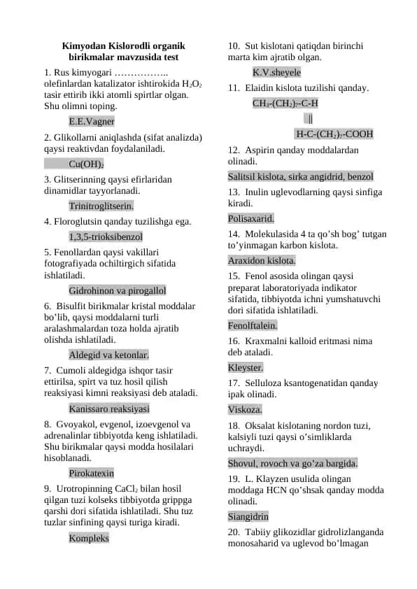Kimyodan Kislorodli organik birikmalar mavzusida test