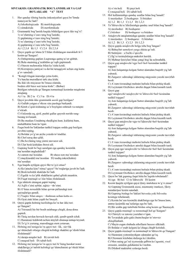 SINTAKSIS: GRAMMATIK BOG’LANISHLAR VA GAP BO’LAKLARI “A” TEST