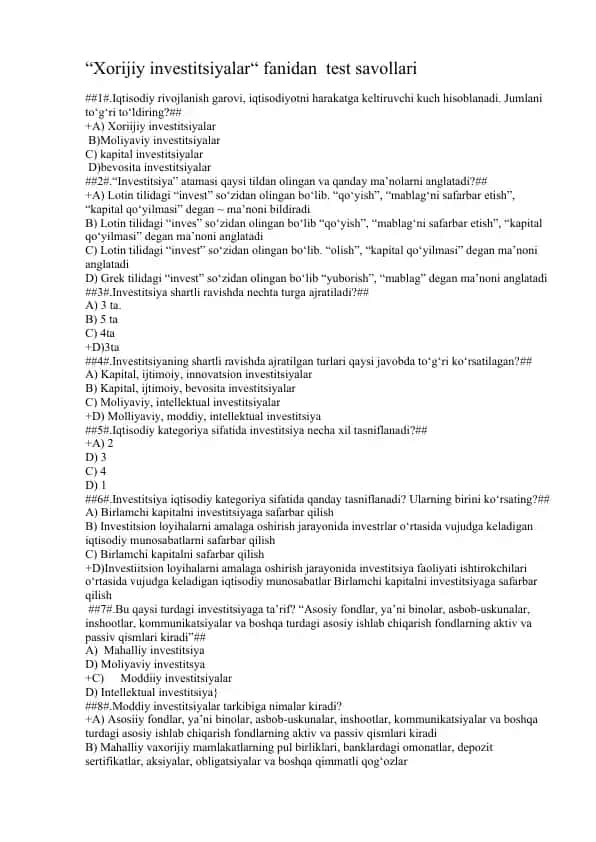 "Xorijiy investitsiyalar“ fanidan test savollari