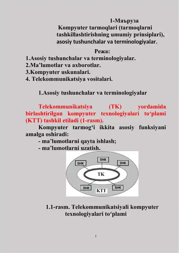 Kompyuter tarmoqlari (tarmoqlarni tashkillashtirishning umumiy prinsiplari)