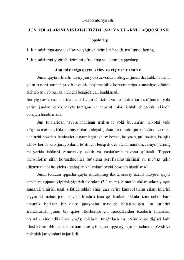 Jun tolalarini yigirish tizimlari va ularni taqqoslash